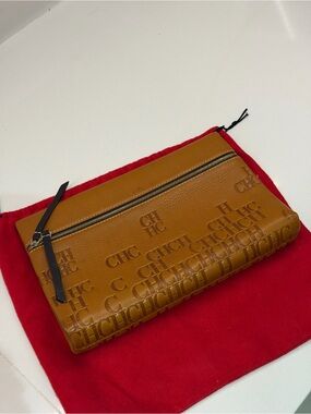Carolina Herrera Tan Leather Logo Embossed Clutch